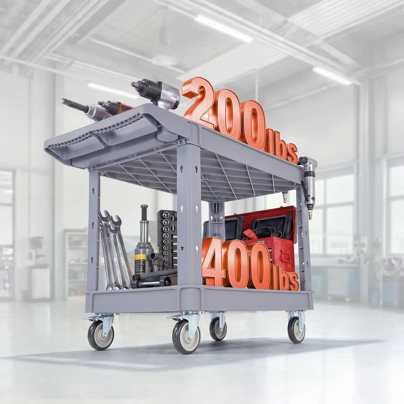VEVOR 2 līmeņu plastmasas ratiņi ar uzglabāšanas paplātēm, kravnesība 250 kg, 360° grozāmiem un fiksētiem riteņiem, 2 riteņiem ar bremzēm, garāžām, noliktavām un darbnīcām, pelēki