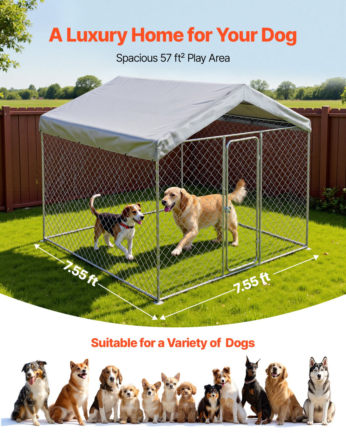 VEVOR Outdoor Dog Pen with UV-Resistant Roof Cover and Lock, 2.3 × 2.3 × 2.15 m