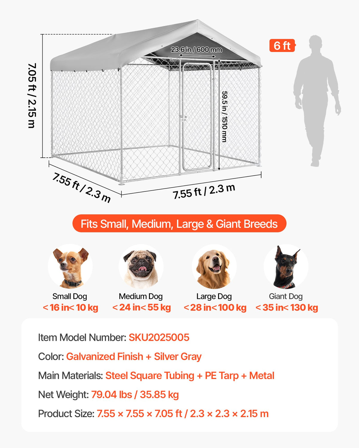 VEVOR Outdoor Dog Pen with UV-Resistant Roof Cover and Lock, 2.3 × 2.3 × 2.15 m