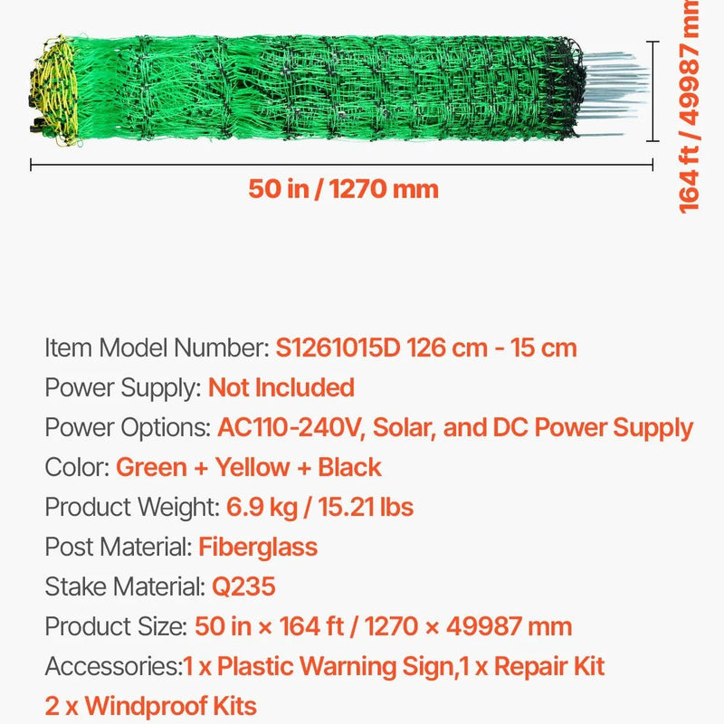 VEVOR elektriskais tīkla žogs, 1,27 m x 50 m, pārvietojams sieta žogs ar stabiem un mietiņiem kazām, aitām, briežiem, cūkām un suņiem, piemērots pagalmiem, dārziem un saimniecībām - ZEMLETES.LV