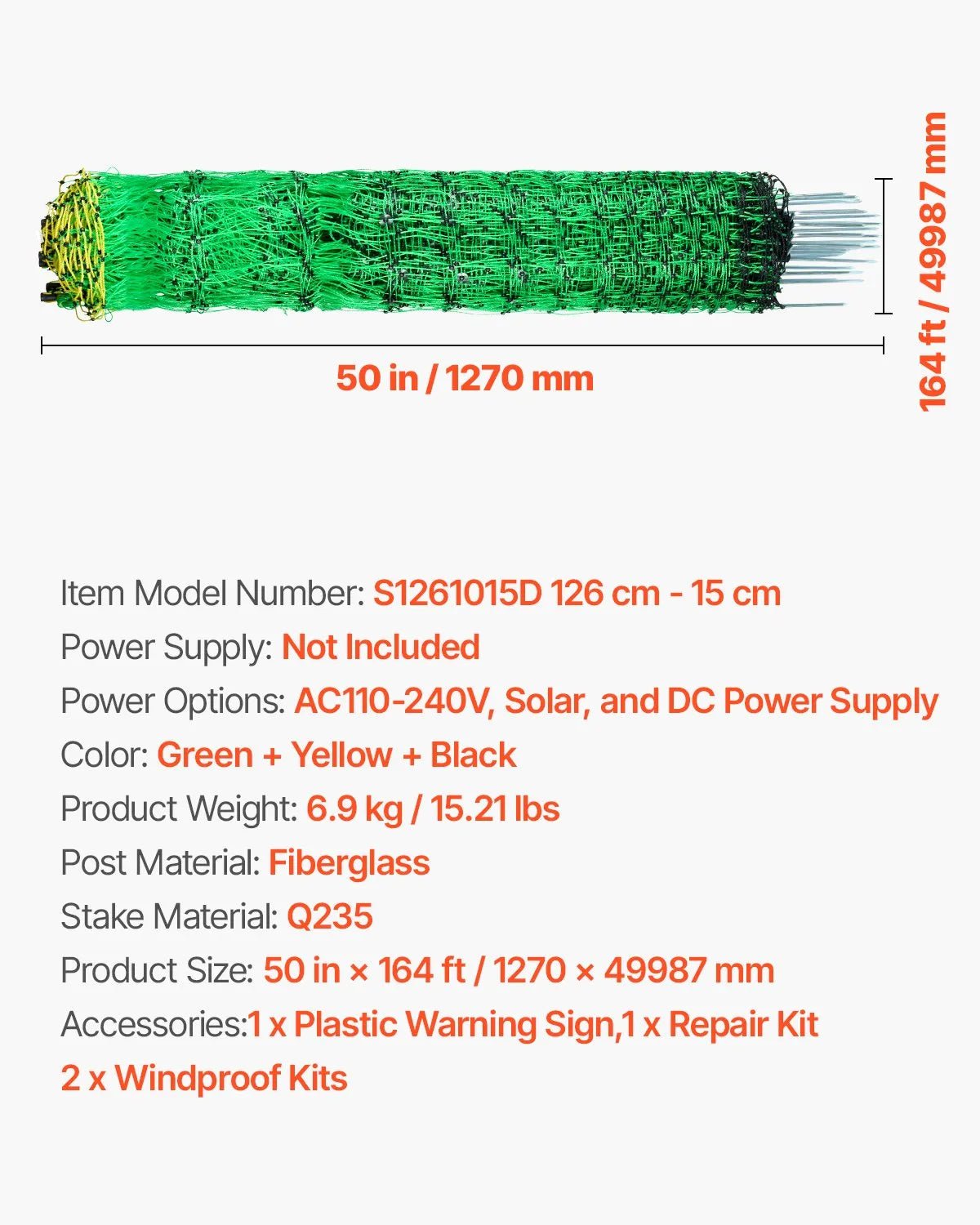 VEVOR elektriskais tīkla žogs, 1,27 m x 50 m, pārvietojams sieta žogs ar stabiem un mietiņiem kazām, aitām, briežiem, cūkām un suņiem, piemērots pagalmiem, dārziem un saimniecībām - ZEMLETES.LV