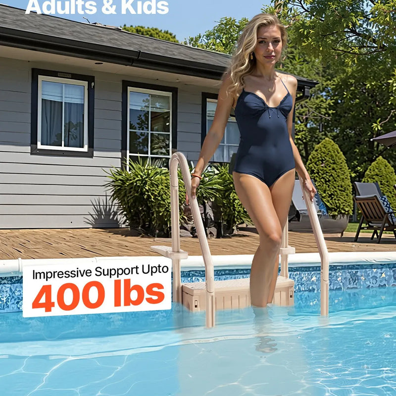 VEVOR baseina kāpnes ar 4 pakāpieniem un dubultām margām, smagas slodzes neslīdoši pakāpieni, maksimālā slodze 181 kg, piemērotas 122–137 cm iebūvētiem un virszemes baseiniem ar jebkura veida segumu, taupe krāsa