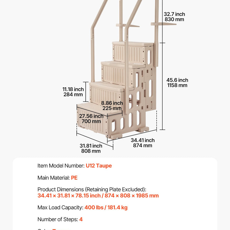 VEVOR baseina kāpnes ar 4 pakāpieniem un dubultām margām, smagas slodzes neslīdoši pakāpieni, maksimālā slodze 181 kg, piemērotas 122–137 cm iebūvētiem un virszemes baseiniem ar jebkura veida segumu, taupe krāsa