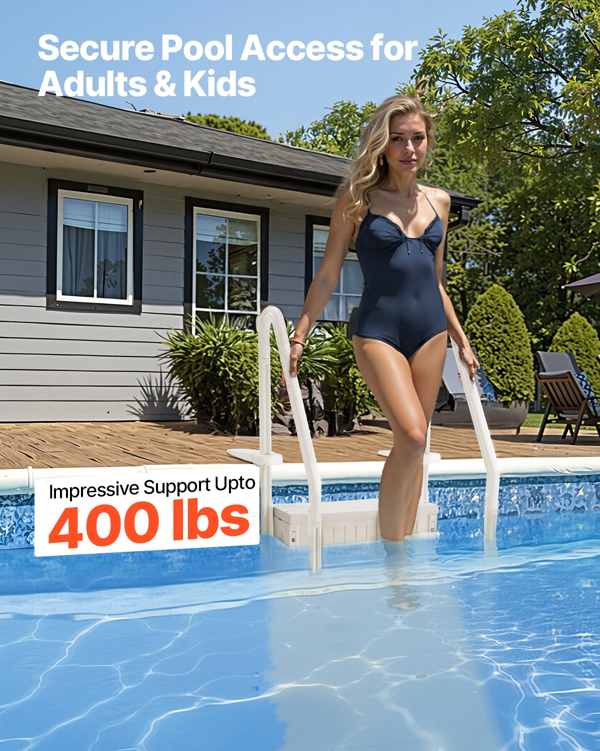 VEVOR Pool Ladder with 4 Steps and Dual Rails, Reinforced Non-Slip Steps, Maximum Load 181.4 kg, Suitable for 122–137 cm Deep In-Ground and Above-Ground Pools with Any Type of Deck Covering, Pearl White
