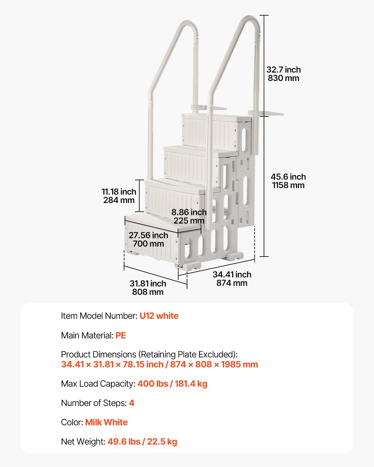 VEVOR Pool Ladder with 4 Steps and Dual Rails, Reinforced Non-Slip Steps, Maximum Load 181.4 kg, Suitable for 122–137 cm Deep In-Ground and Above-Ground Pools with Any Type of Deck Covering, Pearl White