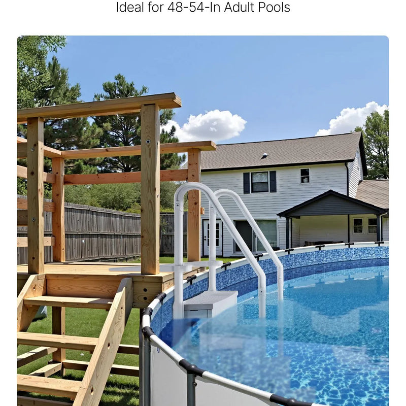 VEVOR baseina kāpnes ar 4 pakāpieniem un dubultām margām, pastiprināti neslīdoši pakāpieni, maksimālā slodze 181 kg, piemērotas 122–137 cm dziļiem iebūvētiem un virszemes baseiniem ar jebkura veida klāja segumu, pelēkā krāsā