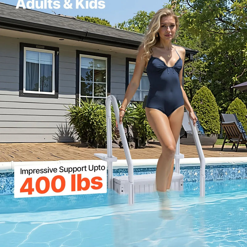 VEVOR baseina kāpnes ar 4 pakāpieniem un dubultām margām, pastiprināti neslīdoši pakāpieni, maksimālā slodze 181 kg, piemērotas 122–137 cm dziļiem iebūvētiem un virszemes baseiniem ar jebkura veida klāja segumu, pelēkā krāsā