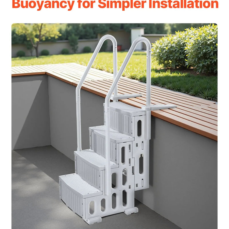 VEVOR baseina kāpnes ar 4 pakāpieniem un dubultām margām, pastiprināti neslīdoši pakāpieni, maksimālā slodze 181 kg, piemērotas 122–137 cm dziļiem iebūvētiem un virszemes baseiniem ar jebkura veida klāja segumu, pelēkā krāsā