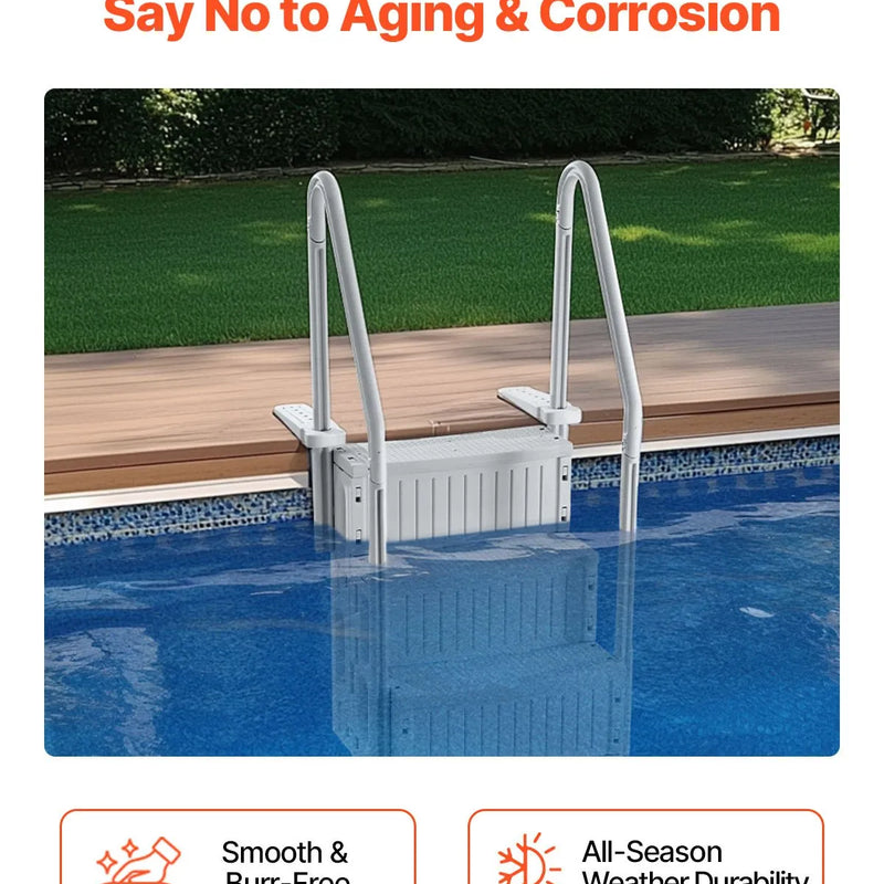 VEVOR baseina kāpnes ar 4 pakāpieniem un dubultām margām, pastiprināti neslīdoši pakāpieni, maksimālā slodze 181 kg, piemērotas 122–137 cm dziļiem iebūvētiem un virszemes baseiniem ar jebkura veida klāja segumu, pelēkā krāsā