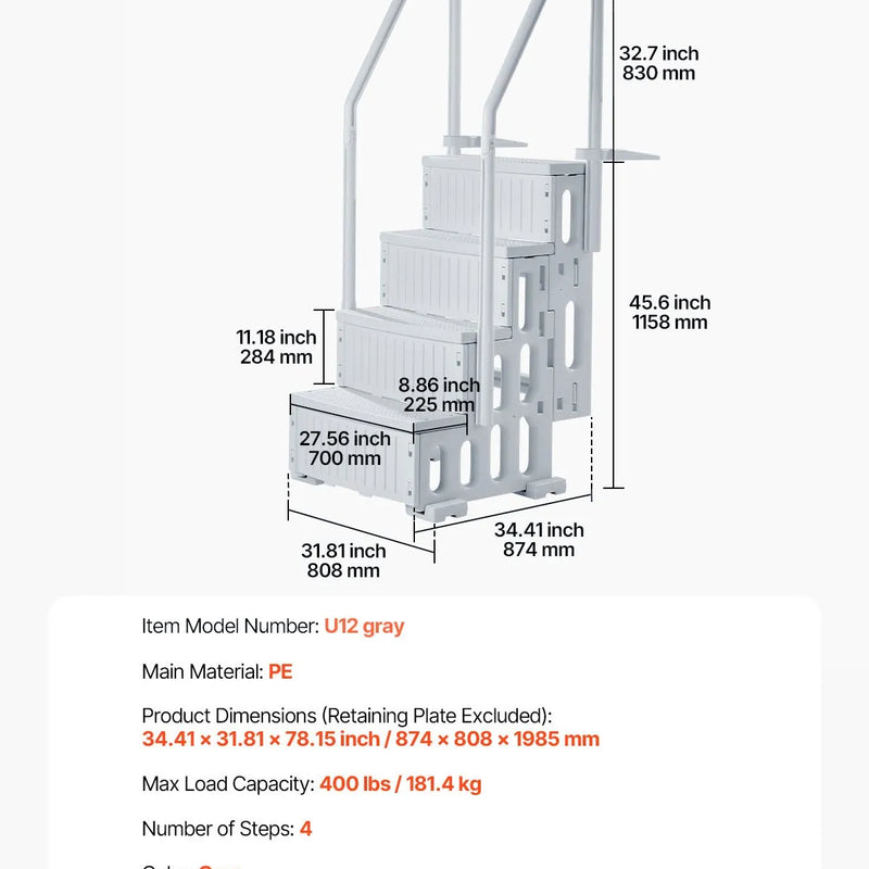 VEVOR baseina kāpnes ar 4 pakāpieniem un dubultām margām, pastiprināti neslīdoši pakāpieni, maksimālā slodze 181 kg, piemērotas 122–137 cm dziļiem iebūvētiem un virszemes baseiniem ar jebkura veida klāja segumu, pelēkā krāsā