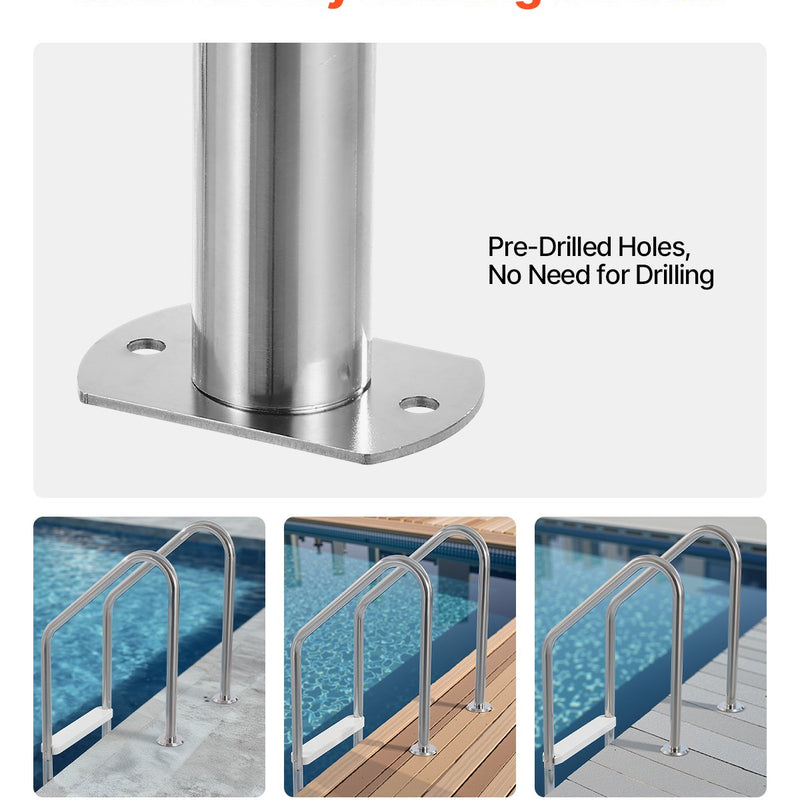 VEVOR peldbaseina kāpnes ar 3 pakāpieniem un dubultiem rokturiem, nerūsējošā tērauda konstrukcija, neslīdoši pastiprināti pakāpieni, kravnesība līdz 120 kg, piemērotas 122–137 cm dziļiem iebūvētiem baseiniem, lietošanai iekštelpās un ārā