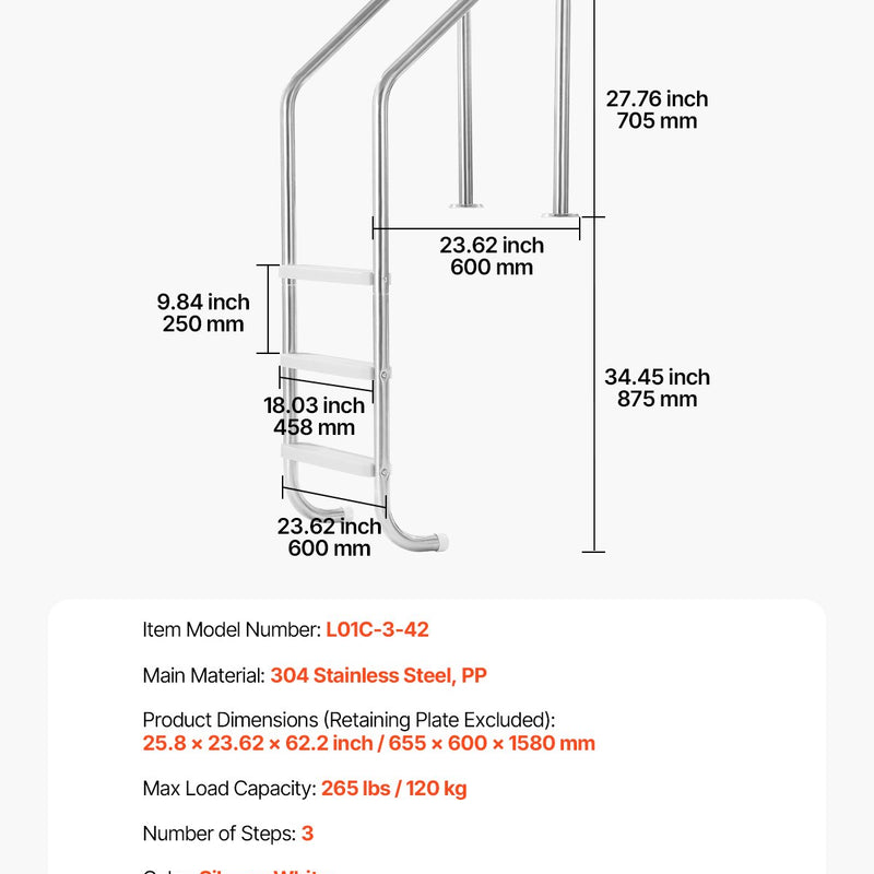 VEVOR peldbaseina kāpnes ar 3 pakāpieniem un dubultiem rokturiem, nerūsējošā tērauda konstrukcija, neslīdoši pastiprināti pakāpieni, kravnesība līdz 120 kg, piemērotas 122–137 cm dziļiem iebūvētiem baseiniem, lietošanai iekštelpās un ārā
