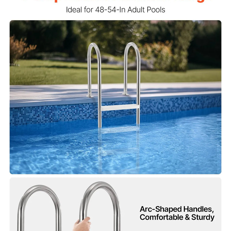 VEVOR baseina kāpnes ar 4 pakāpieniem un dubultām margām, neslīdoši pastiprināti pakāpieni, nerūsējošā tērauda konstrukcija, maksimālā slodze 120 kg, piemērotas 137 cm dziļiem iebūvētiem baseiniem ar montējamu klāja dēli lietošanai iekštelpās un ārā