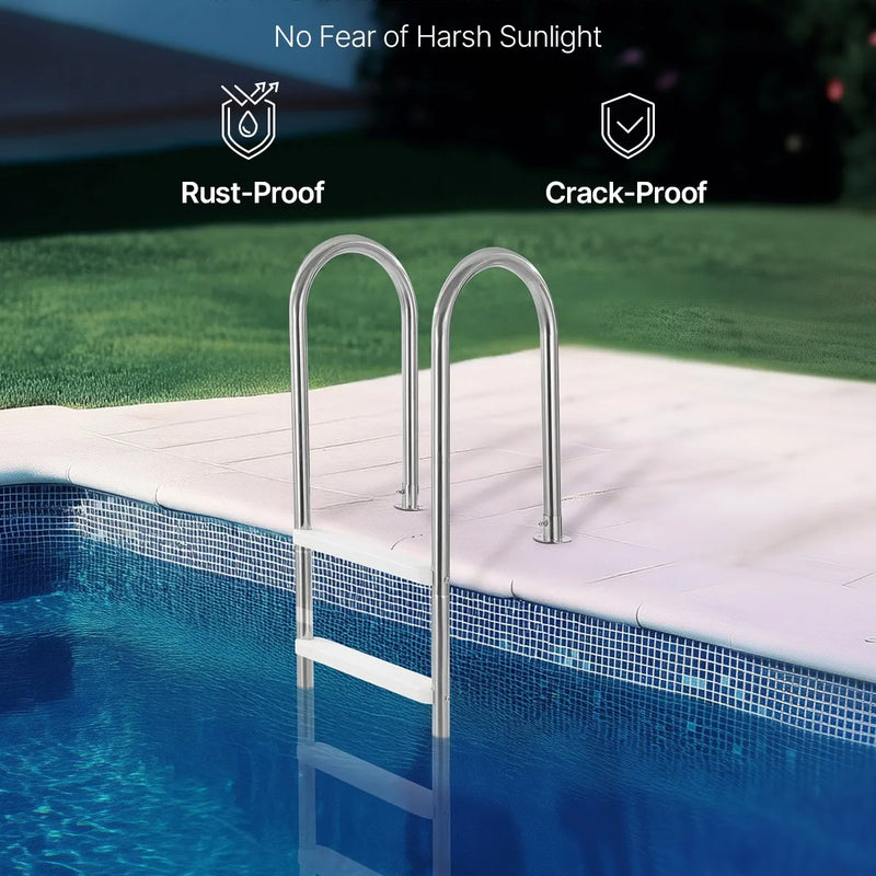 VEVOR baseina kāpnes ar 4 pakāpieniem un dubultām margām, neslīdoši pastiprināti pakāpieni, nerūsējošā tērauda konstrukcija, maksimālā slodze 120 kg, piemērotas 137 cm dziļiem iebūvētiem baseiniem ar montējamu klāja dēli lietošanai iekštelpās un ārā