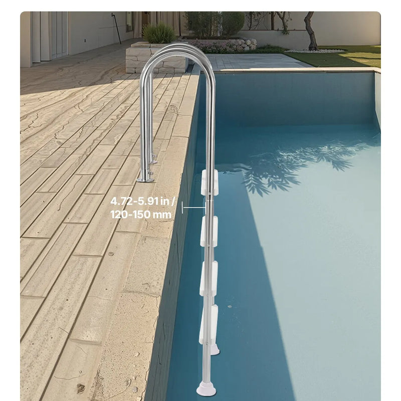 VEVOR baseina kāpnes ar 4 pakāpieniem un dubultām margām, neslīdoši pastiprināti pakāpieni, nerūsējošā tērauda konstrukcija, maksimālā slodze 120 kg, piemērotas 137 cm dziļiem iebūvētiem baseiniem ar montējamu klāja dēli lietošanai iekštelpās un ārā