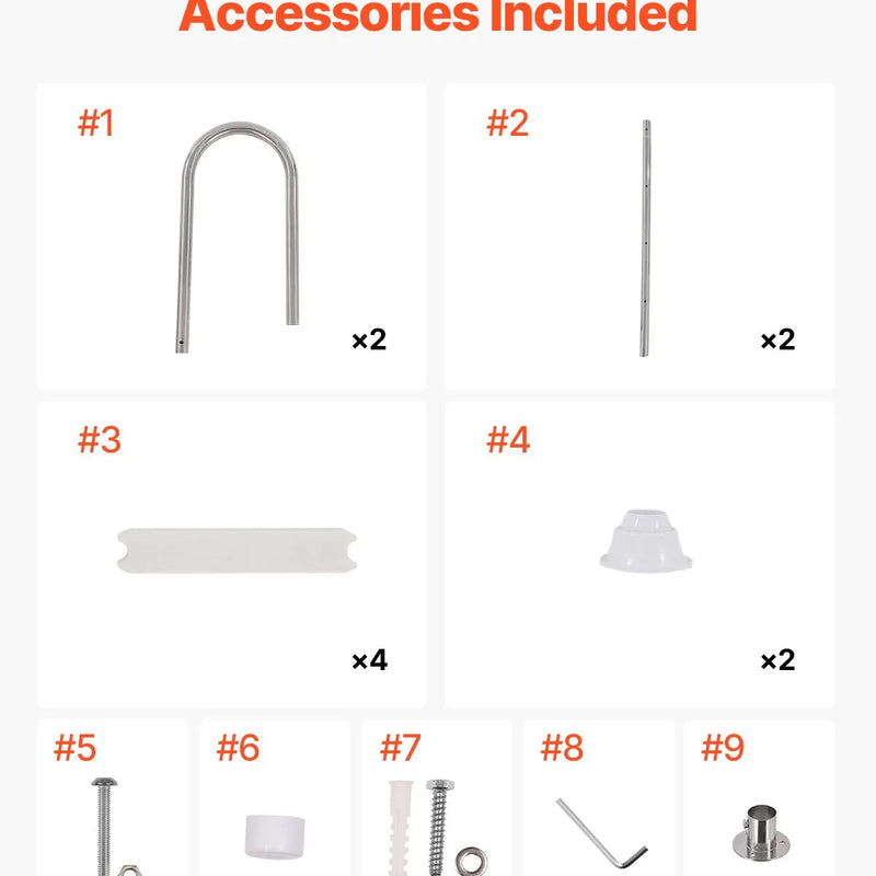 VEVOR baseina kāpnes ar 4 pakāpieniem un dubultām margām, neslīdoši pastiprināti pakāpieni, nerūsējošā tērauda konstrukcija, maksimālā slodze 120 kg, piemērotas 137 cm dziļiem iebūvētiem baseiniem ar montējamu klāja dēli lietošanai iekštelpās un ārā