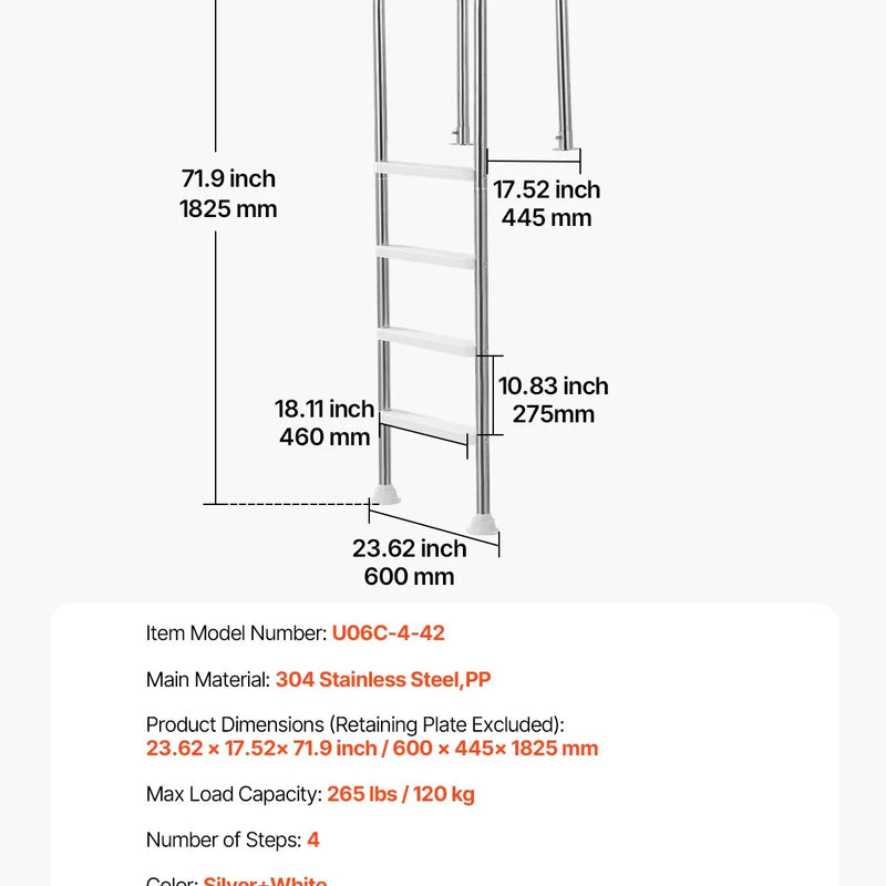 VEVOR baseina kāpnes ar 4 pakāpieniem un dubultām margām, neslīdoši pastiprināti pakāpieni, nerūsējošā tērauda konstrukcija, maksimālā slodze 120 kg, piemērotas 137 cm dziļiem iebūvētiem baseiniem ar montējamu klāja dēli lietošanai iekštelpās un ārā