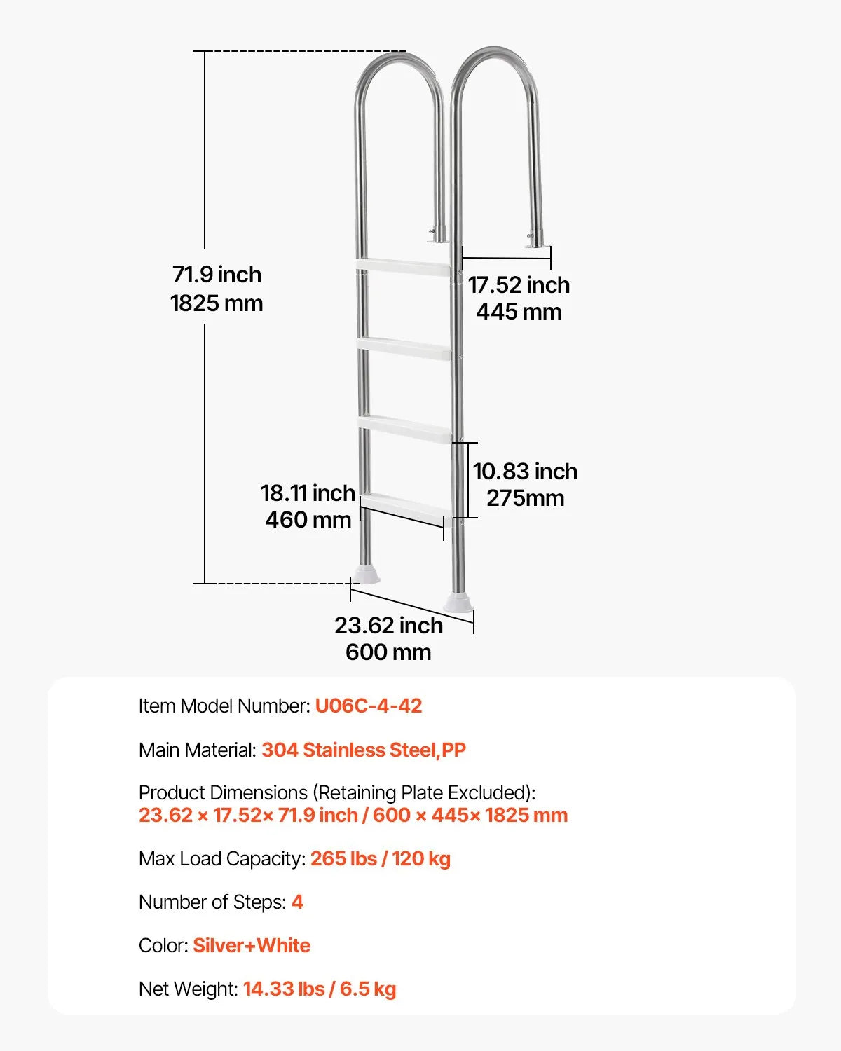 VEVOR Pool Ladder with 4 Steps and Dual Handrails, Non-Slip Reinforced Steps, Stainless Steel Construction, Maximum Load 120 kg, Suitable for 137 cm Deep In-Ground Pools with Removable Deck Pad for Indoor and Outdoor Use