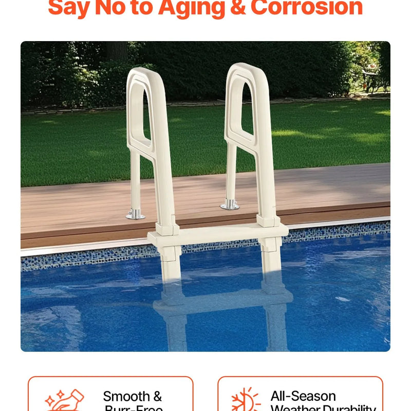 VEVOR baseina kāpnes ar 75° slīpumu, 5 pakāpieni un dubultas margas, pastiprināti neslīdoši pakāpieni, maksimālā slodze 136 kg, piemērotas 122–137 cm dziļiem iebūvētiem un virszemes baseiniem ar jebkura veida klāja segumu lietošanai iekštelpās un ārā