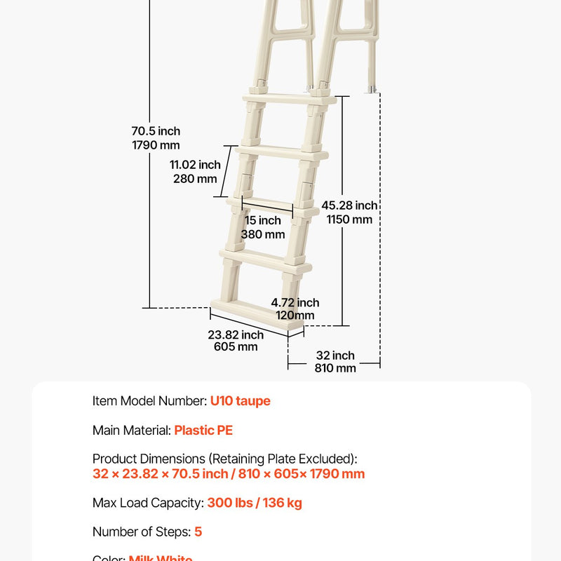 VEVOR baseina kāpnes ar 75° slīpumu, 5 pakāpieni un dubultas margas, pastiprināti neslīdoši pakāpieni, maksimālā slodze 136 kg, piemērotas 122–137 cm dziļiem iebūvētiem un virszemes baseiniem ar jebkura veida klāja segumu lietošanai iekštelpās un ārā