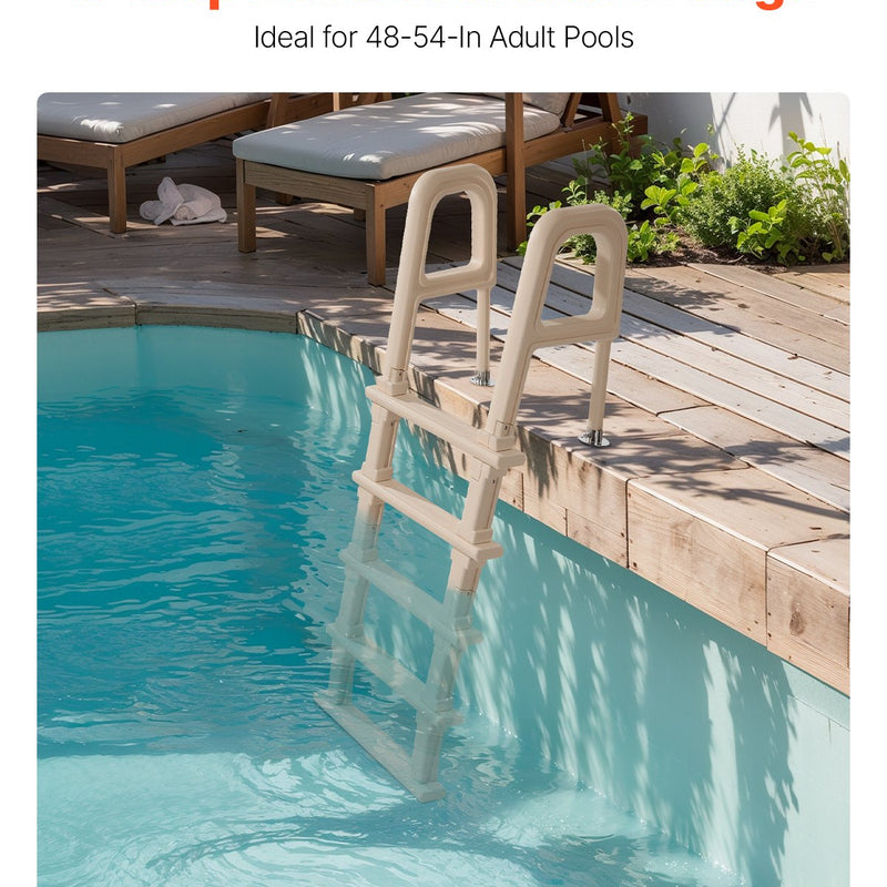 VEVOR baseina kāpnes ar slīpu konstrukciju, 5 pakāpieni un dubultas margas, pastiprināti neslīdoši pakāpieni, maksimālā slodze 136 kg, piemērotas 122–137 cm dziļiem iebūvētiem un virszemes baseiniem ar jebkura veida klāja segumu, taupe krāsa