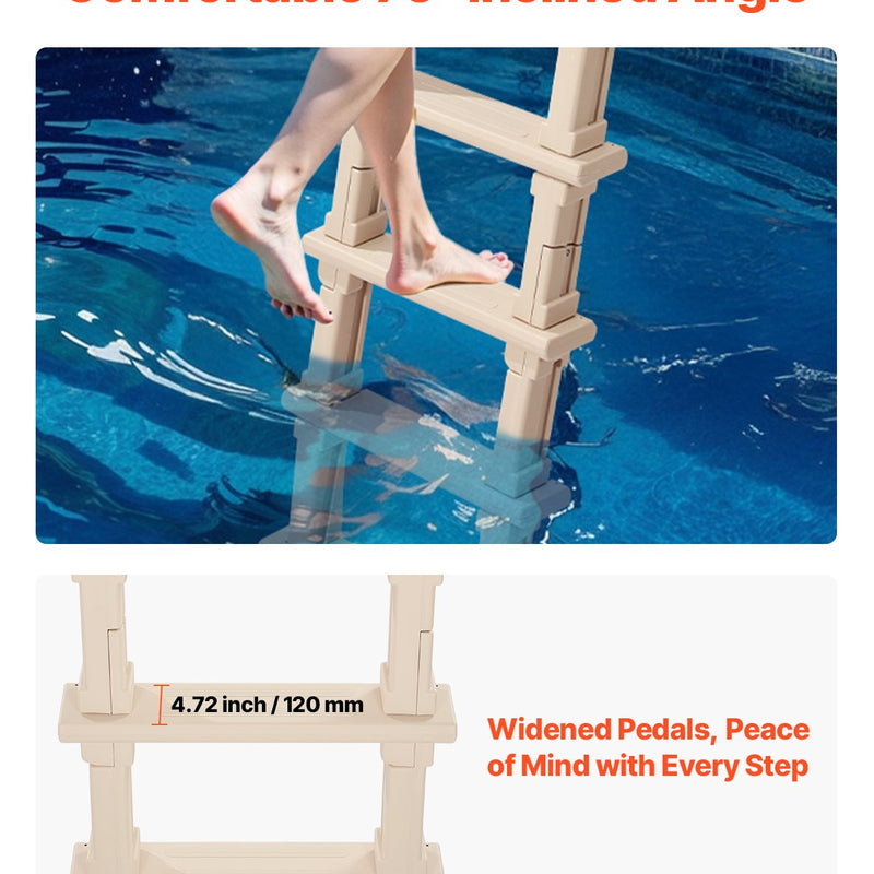 VEVOR baseina kāpnes ar slīpu konstrukciju, 5 pakāpieni un dubultas margas, pastiprināti neslīdoši pakāpieni, maksimālā slodze 136 kg, piemērotas 122–137 cm dziļiem iebūvētiem un virszemes baseiniem ar jebkura veida klāja segumu, taupe krāsa