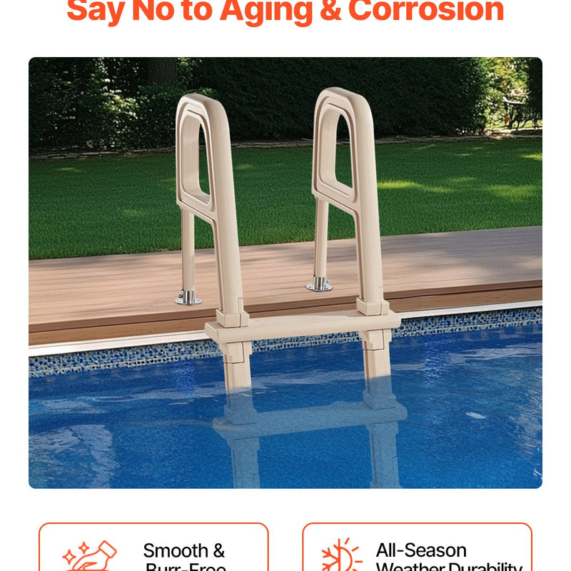 VEVOR baseina kāpnes ar slīpu konstrukciju, 5 pakāpieni un dubultas margas, pastiprināti neslīdoši pakāpieni, maksimālā slodze 136 kg, piemērotas 122–137 cm dziļiem iebūvētiem un virszemes baseiniem ar jebkura veida klāja segumu, taupe krāsa