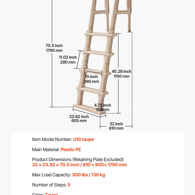 VEVOR baseina kāpnes ar slīpu konstrukciju, 5 pakāpieni un dubultas margas, pastiprināti neslīdoši pakāpieni, maksimālā slodze 136 kg, piemērotas 122–137 cm dziļiem iebūvētiem un virszemes baseiniem ar jebkura veida klāja segumu, taupe krāsa