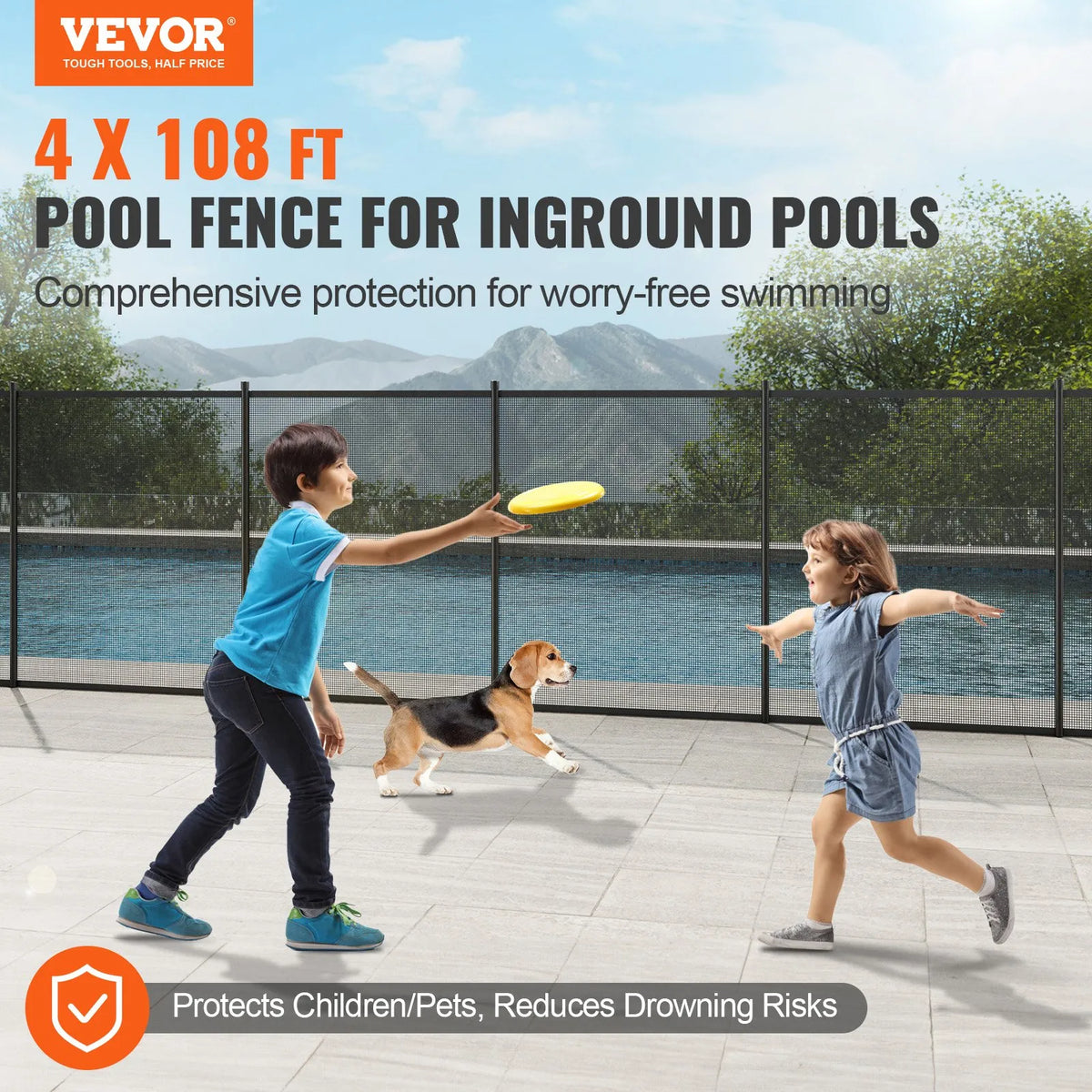 VEVOR Removable Pool Safety Fence 1.21 × 32.91 m, Child Safety Fence for In-Ground Pools, Easy DIY Installation, 340 g/m² Teslin PVC Mesh Fabric, Protection for Children and Pets