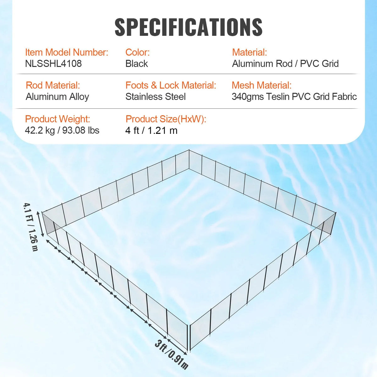 VEVOR Removable Pool Safety Fence 1.21 × 32.91 m, Child Safety Fence for In-Ground Pools, Easy DIY Installation, 340 g/m² Teslin PVC Mesh Fabric, Protection for Children and Pets