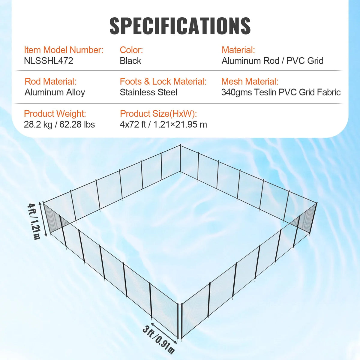 VEVOR baseina žogs 1,2 × 21,9 m, noņemams bērnu drošības žogs iebūvētiem baseiniem, viegli uzstādāms DIY peldbaseina žogs, 340 g/m² Teslin PVC sieta materiāls bērnu un mājdzīvnieku aizsardzībai