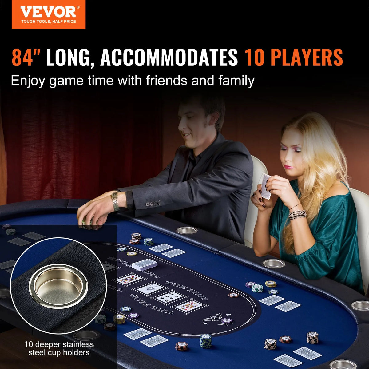 VEVOR salokāms pokera galds 10 spēlētājiem, 2133,6 mm ovāls kazino tipa galds Blackjack un Texas Hold’em ar polsterētām malām un nerūsējošā tērauda glāžu turētājiem, pārnēsājams kāršu spēļu galds - ZEMLETES.LV