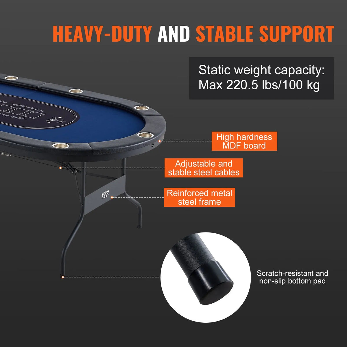 VEVOR salokāms pokera galds 10 spēlētājiem, 2133,6 mm ovāls kazino tipa galds Blackjack un Texas Hold’em ar polsterētām malām un nerūsējošā tērauda glāžu turētājiem, pārnēsājams kāršu spēļu galds - ZEMLETES.LV