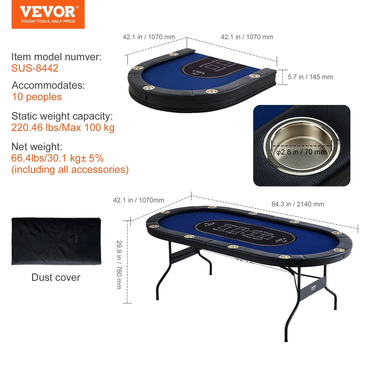VEVOR salokāms pokera galds 10 spēlētājiem, 2133,6 mm ovāls kazino tipa galds Blackjack un Texas Hold’em ar polsterētām malām un nerūsējošā tērauda glāžu turētājiem, pārnēsājams kāršu spēļu galds - ZEMLETES.LV