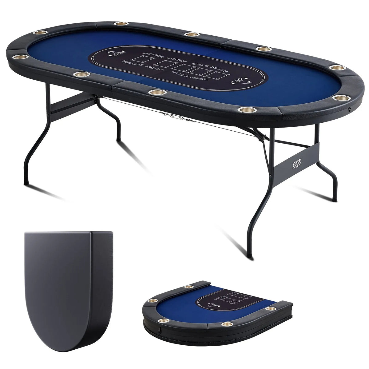 VEVOR salokāms pokera galds 10 spēlētājiem, 2133,6 mm ovāls kazino tipa galds Blackjack un Texas Hold’em ar polsterētām malām un nerūsējošā tērauda glāžu turētājiem, pārnēsājams kāršu spēļu galds - ZEMLETES.LV