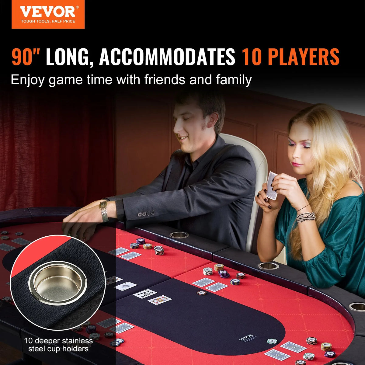 VEVOR salokāms pokera galds 10 spēlētājiem, 2286 mm ovāls kazino tipa galds Blackjack un Texas Hold’em ar polsterētām malām un nerūsējošā tērauda glāžu turētājiem, pārnēsājams kāršu spēļu galds - ZEMLETES.LV
