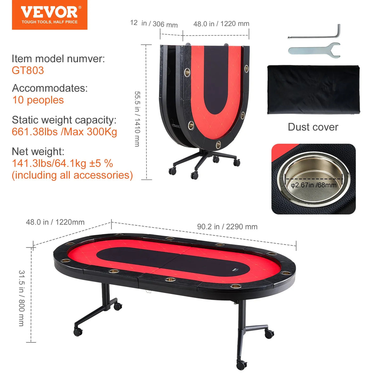 VEVOR salokāms pokera galds 10 spēlētājiem, 2286 mm ovāls kazino tipa galds Blackjack un Texas Hold’em ar polsterētām malām un nerūsējošā tērauda glāžu turētājiem, pārnēsājams kāršu spēļu galds - ZEMLETES.LV
