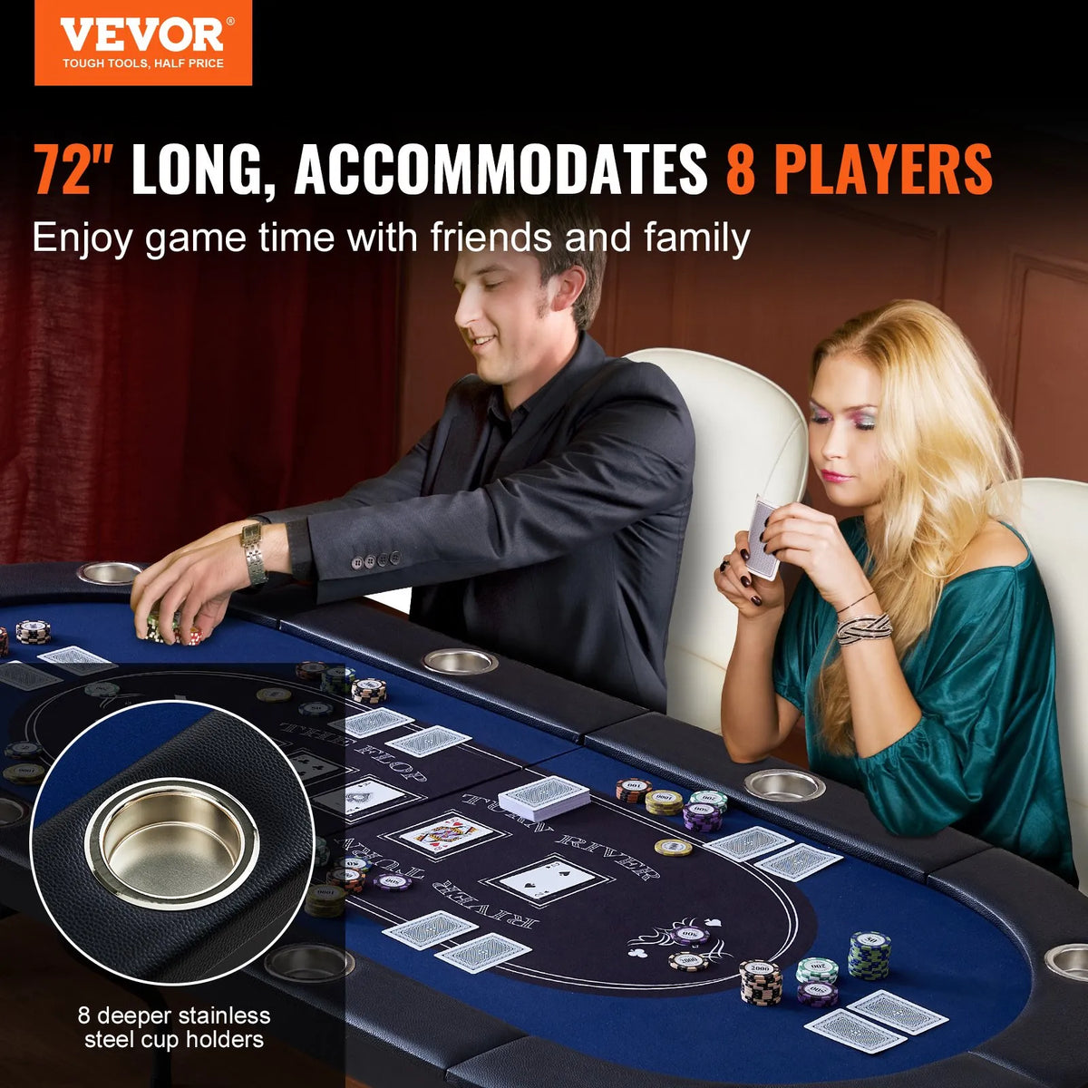 VEVOR salokāms pokera galds 8 spēlētājiem, 1830 mm ovāls kazino tipa galds Blackjack un Texas Hold’em ar polsterētām malām un nerūsējošā tērauda glāžu turētājiem, pārnēsājams kāršu spēļu galds - ZEMLETES.LV
