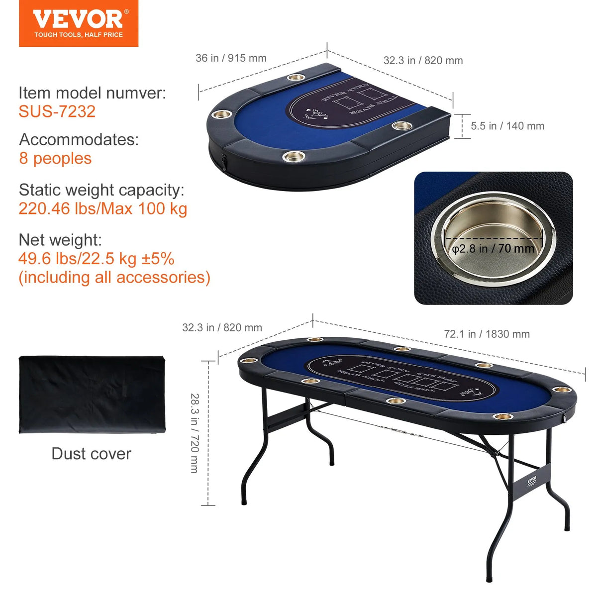 VEVOR salokāms pokera galds 8 spēlētājiem, 1830 mm ovāls kazino tipa galds Blackjack un Texas Hold’em ar polsterētām malām un nerūsējošā tērauda glāžu turētājiem, pārnēsājams kāršu spēļu galds - ZEMLETES.LV