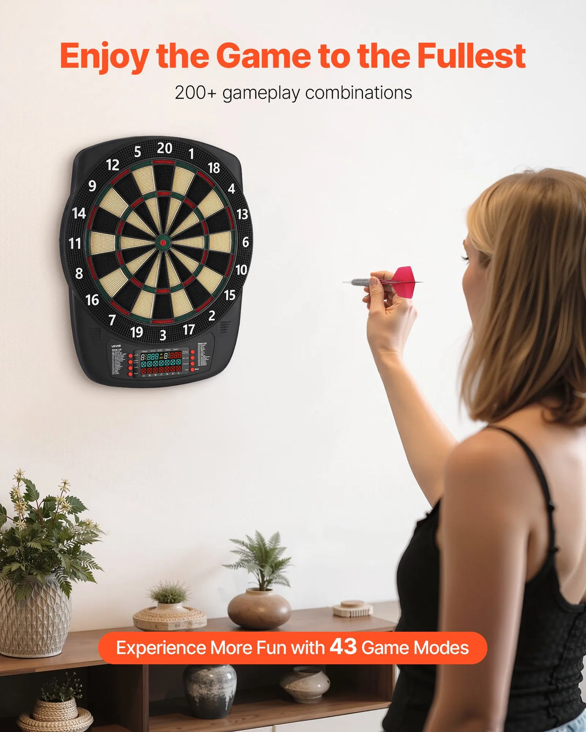 VEVOR elektroniskais šautriņu dēlis 336 mm ar 43 spēlēm un 200+ variācijām līdz 8 spēlētājiem, 6 šautriņu kātiņi ar spārniņiem un 50 mīkstie uzgaļi, krāsu LCD punktu ekrāns mājas ballītēm un spēļu istabai - ZEMLETES.LV