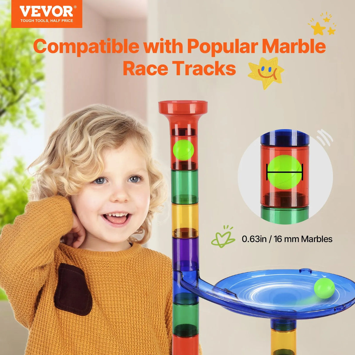 VEVOR Ball Track Constructor 110 Pieces with 10 Glow-in-the-Dark and 20 Glass Marbles, from 3 Years