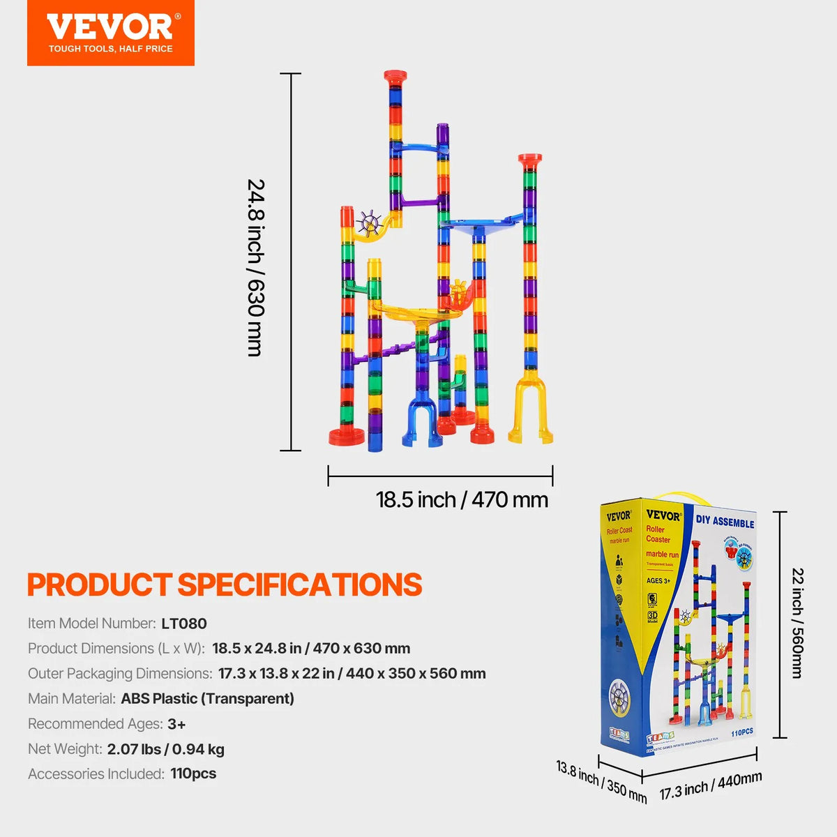VEVOR Ball Track Constructor 110 Pieces with 10 Glow-in-the-Dark and 20 Glass Marbles, from 3 Years