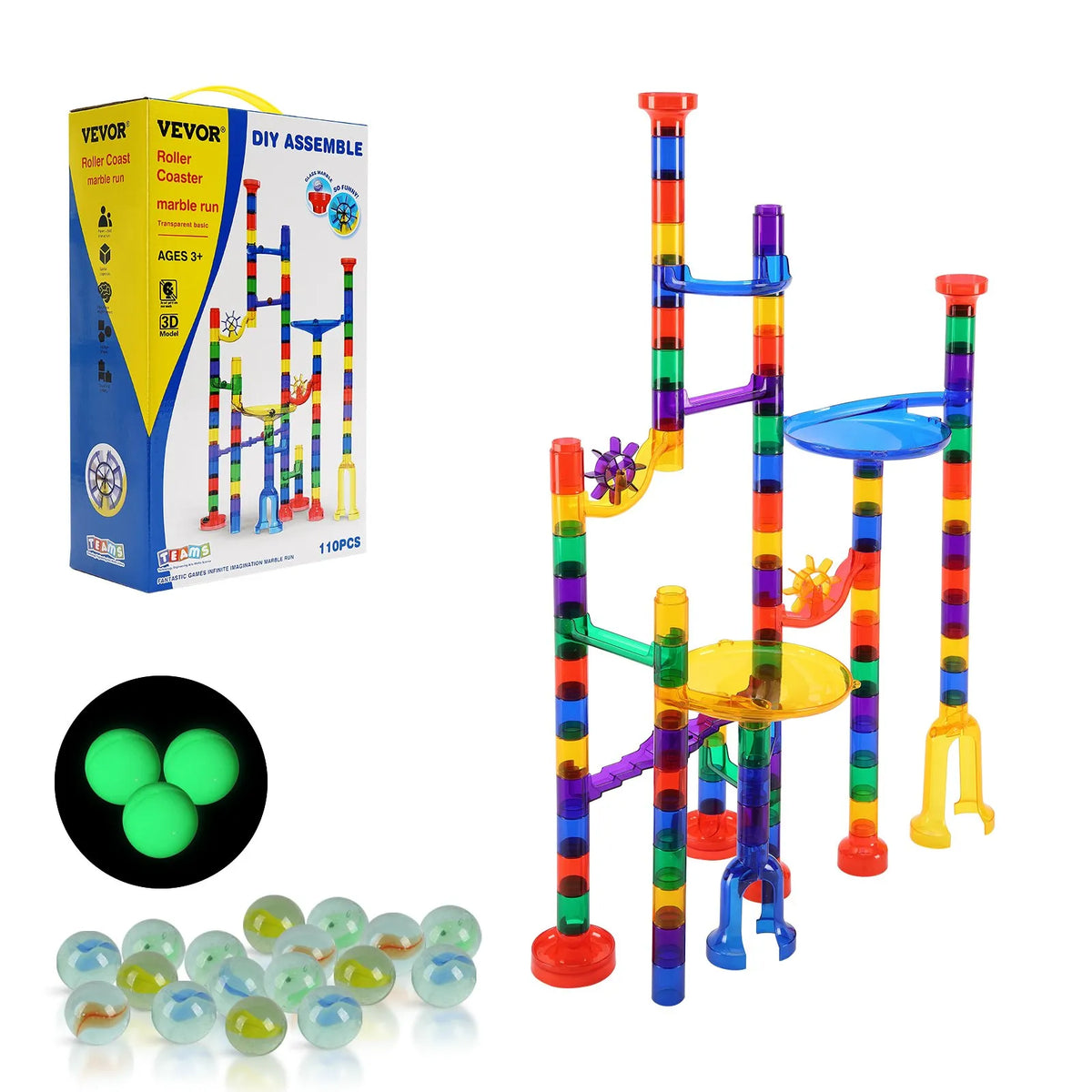 VEVOR Ball Track Constructor 110 Pieces with 10 Glow-in-the-Dark and 20 Glass Marbles, from 3 Years