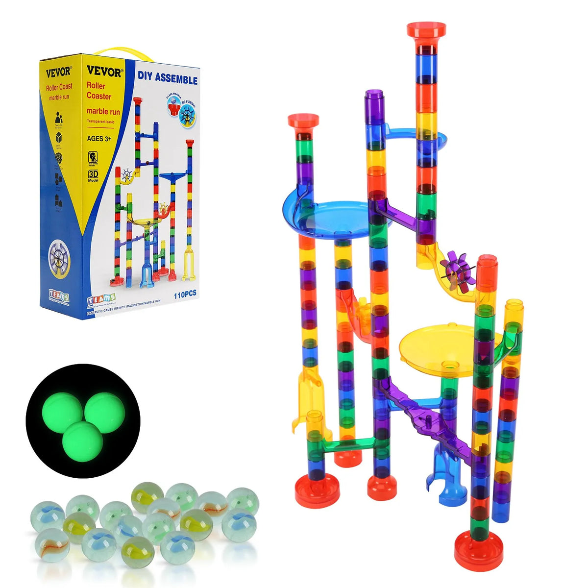 VEVOR Ball Track Constructor 110 Pieces with 10 Glow-in-the-Dark and 20 Glass Marbles, from 3 Years