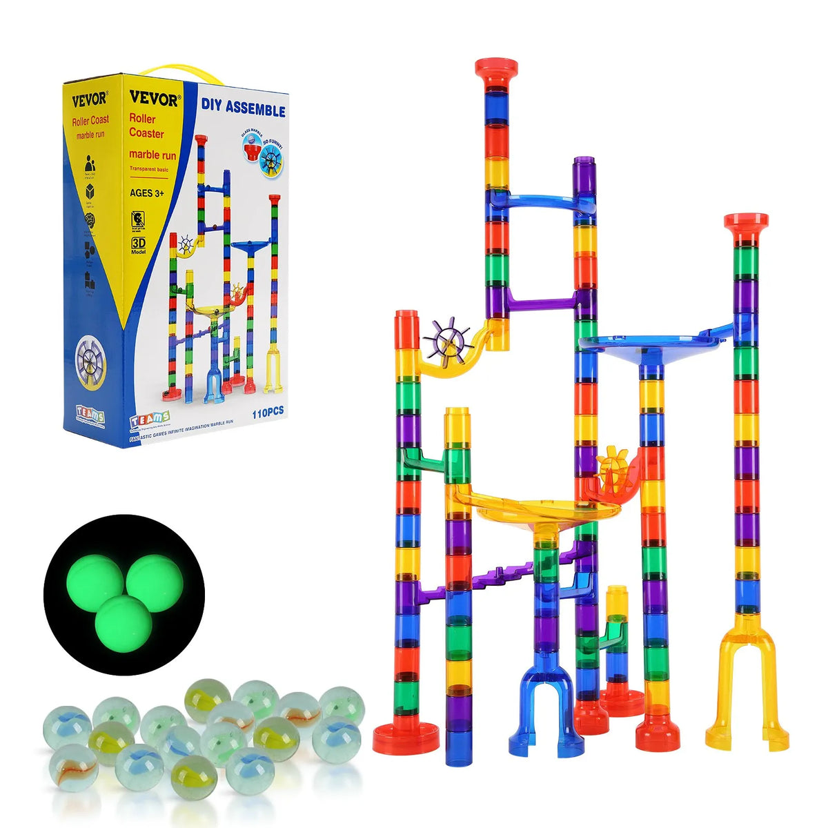 VEVOR Ball Track Constructor 110 Pieces with 10 Glow-in-the-Dark and 20 Glass Marbles, from 3 Years