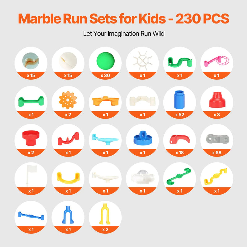 VEVOR Marmora trases komplekts, 230 detaļas ar motorizētu pacēlāju, 15 plastmasas bumbiņas, marmora labirinta konstruktoru spēle, STEM izglītojoša sacīkšu trase bērniem no 3+ gadiem