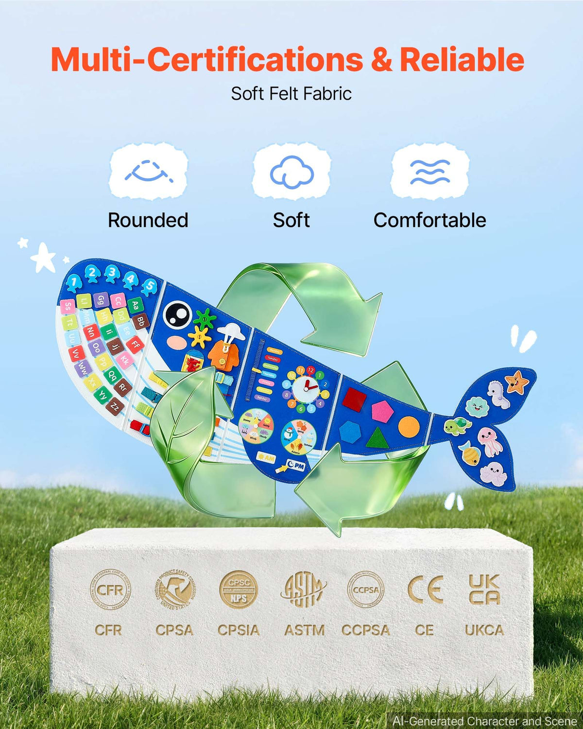 VEVOR Montessori Activity Board 12 in 1, Foldable Felt Roll with Numbers, Letters and Clock