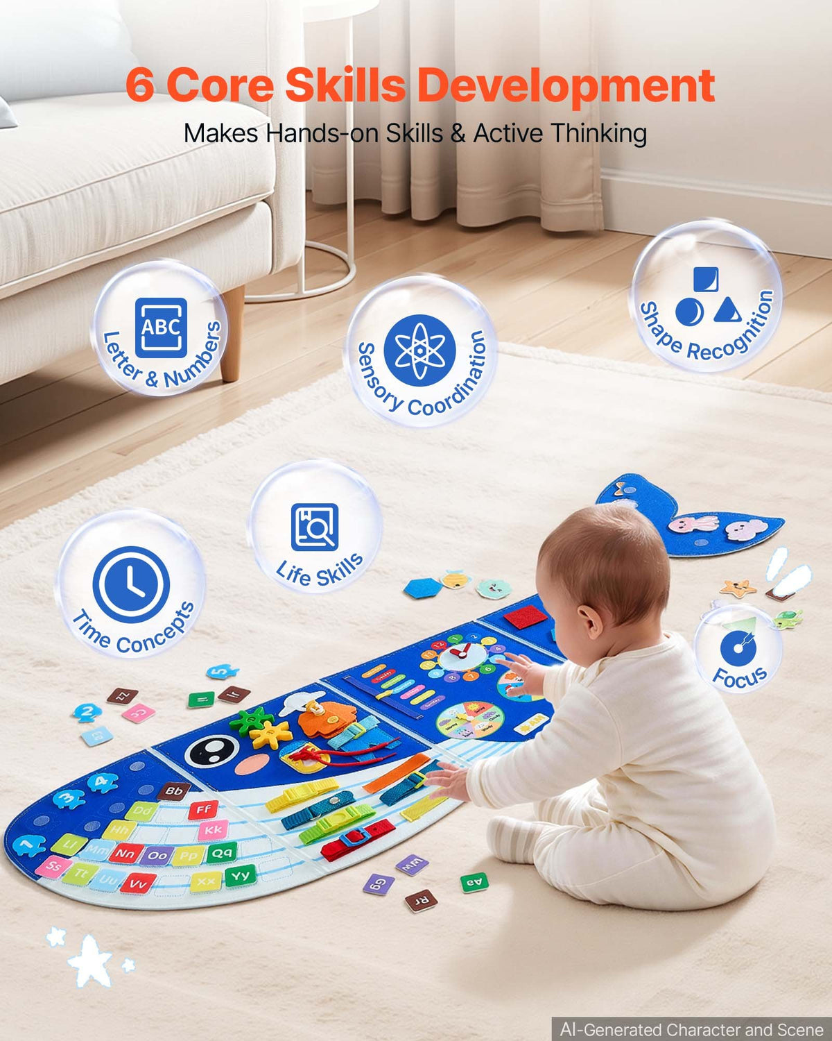 VEVOR Montessori Activity Board 12 in 1, Foldable Felt Roll with Numbers, Letters and Clock