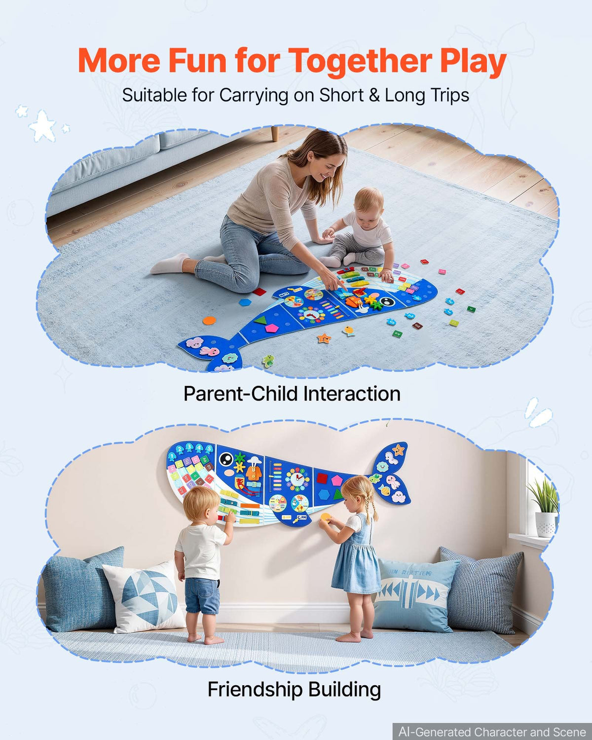 VEVOR Montessori Activity Board 12 in 1, Foldable Felt Roll with Numbers, Letters and Clock