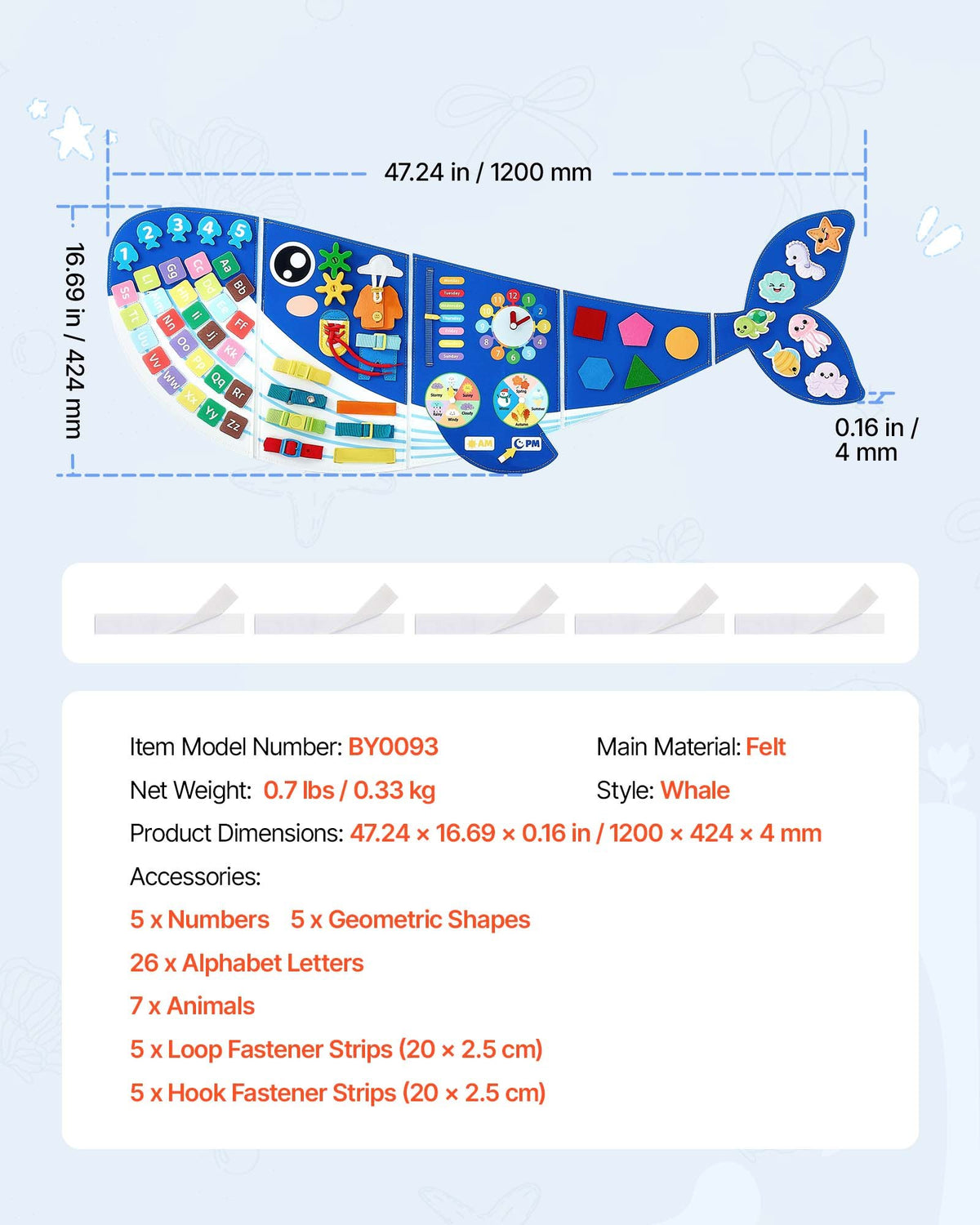 VEVOR Montessori Activity Board 12 in 1, Foldable Felt Roll with Numbers, Letters and Clock